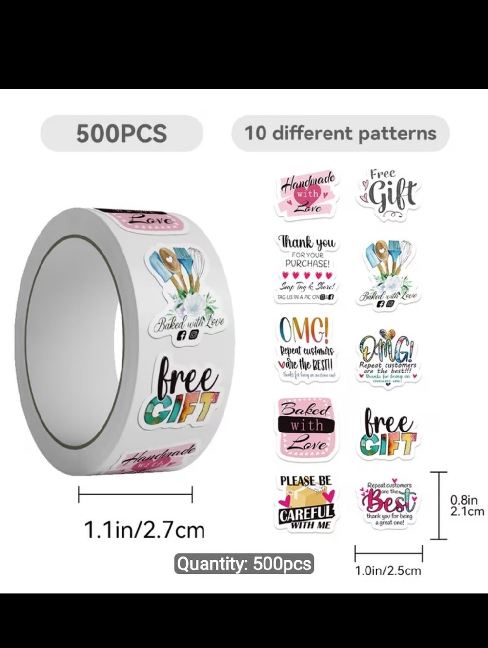 500ct. Custom Assorted Sticker Roll - White & Multicolor Bonus - 3 Random Polys - Picture 2 of 7
